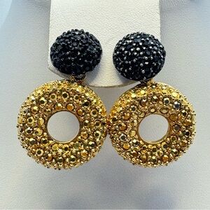 Black Pave Rhinestone Stud Gold Tone Crystal Circle Drop Statement Earrings